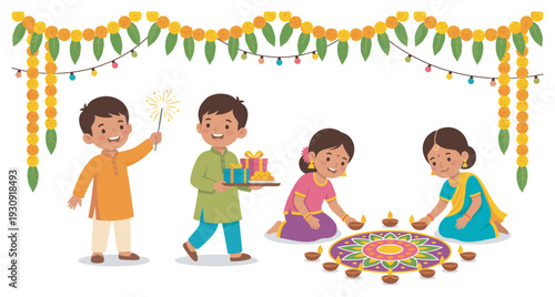 Happy Indian children celebrating traditional festival with sparklers, gifts, and diyas around a colorful rangoli design.