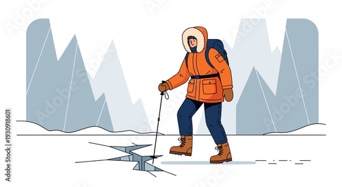 Winter Explorer Navigating Icy Terrain With Mountains In Background