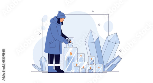 Winter Solstice Ceremony Woman Lighting Candles Amongst Crystals