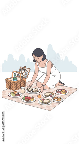 Woman Arranging Food On Picnic Blanket Outdoors With Basket