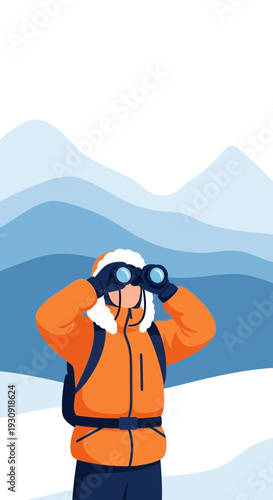 Winter Explorer Observing Distant Mountain Peaks Through Binoculars