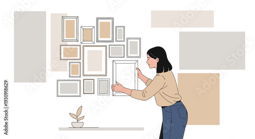 Woman Arranging Gallery Wall With Diverse Frames And Decor Accents