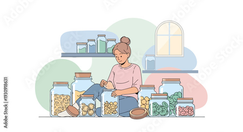 Woman Arranging Food Ingredients in Glass Jars for Storage and Preservation at Home