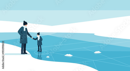 Winter Family Bonding On Frozen Lake Holding Hands