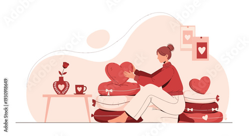 Woman Arranging Heart Pillows in a Romantic Scene for Valentine's Day Celebration