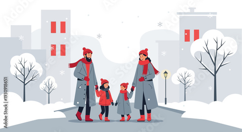 Winter Family Outing: A Joyful Stroll in a Snowy Urban Landscape Illustration
