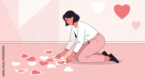 Woman Arranging Heart Shapes On Floor Symbolizing Love And Relationships