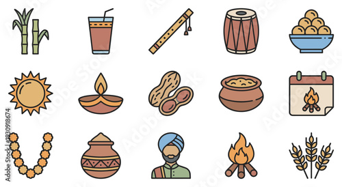 Indian festival celebration elements and traditional symbols representing various cultural and harvest season festivities in a colorful icon set.