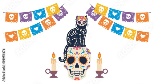 Day of the Dead cat and sugar skull with candles and colorful banners celebrating the traditional Mexican holiday.