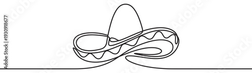 Sombrero continuous line drawing minimalist illustration capturing the essence of Mexican culture and celebration with artistic simplicity.