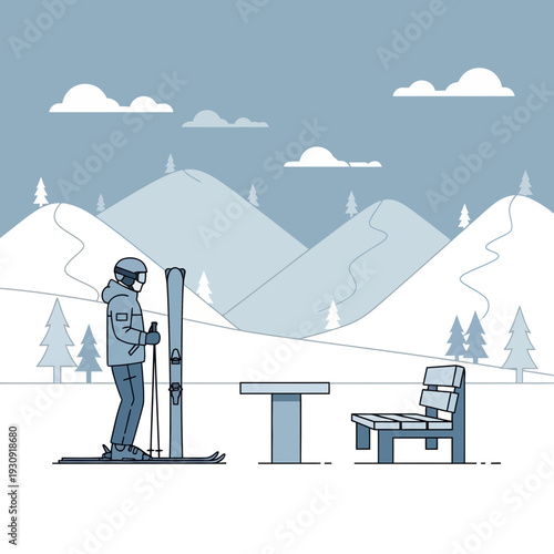 Winter Sports Enthusiast Standing Near Skis and Table in Scenic Mountain Landscape