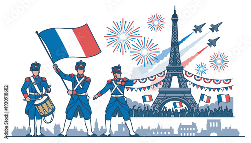 French soldiers, flag, and Eiffel Tower symbolize a vibrant national celebration featuring fireworks, fighter jets, and cheering crowds.