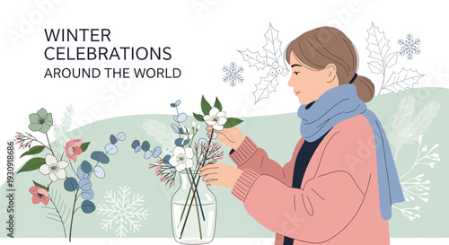 Winter Flora and Floral Arrangement: A Person with a Vase of Flowers in Winter