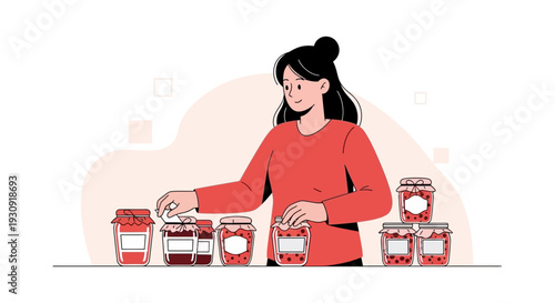 Woman Arranging Jars Of Homemade Jam And Preserves