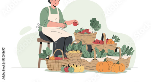 Woman Arranging Organic Harvested Vegetables And Fruits in Rustic Woven Baskets