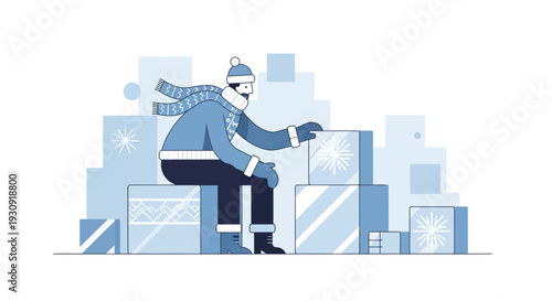 Winter Wonderland With Festive Presents And A Cozy Character Wrapped In Warmth