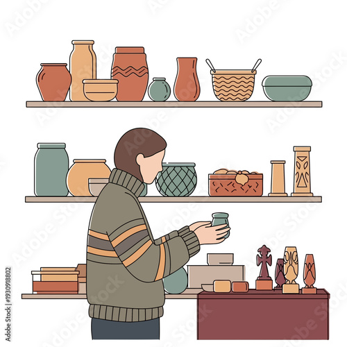 Woman Browsing Pottery and Ceramics Display on Shelves, Seeking Perfect Home Decor Selection