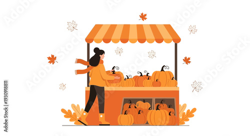 Woman Buys Pumpkins From Autumn Stand Festive Season Harvest Celebration