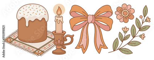 Traditional Easter holiday elements collection including cake, candle, bow, and spring flowers in a charming retro style.