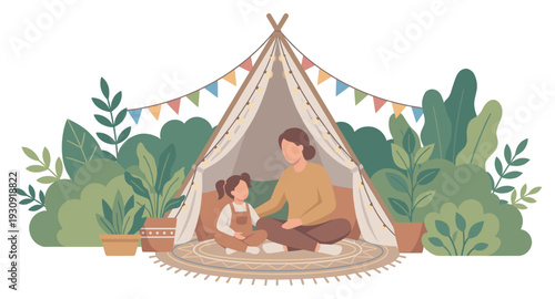 Mother and daughter sitting inside a cozy play tent surrounded by green plants and colorful decorations, enjoying quality time together.