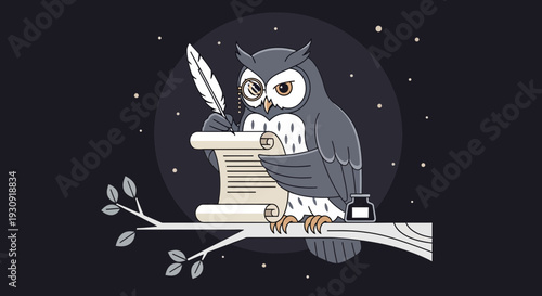Wise Owl Scribe Writing Poetry on a Branch at Night with Quill and Ink