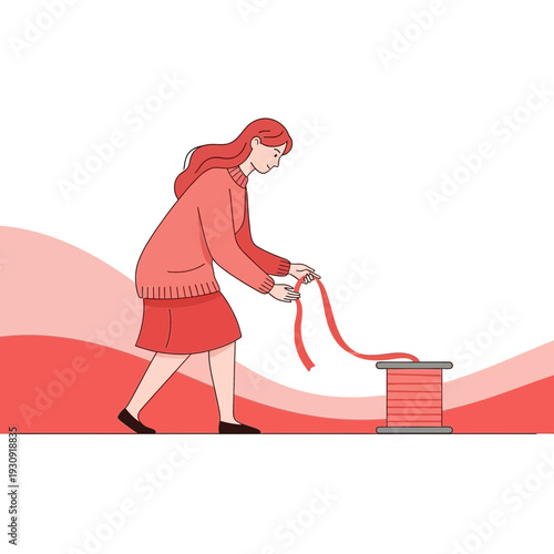 Woman Carefully Unwinding A Spool Of Bright Red Ribbon For Crafting Projects
