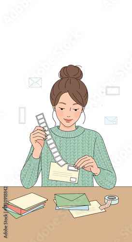 Woman Carefully Applying Postage Stamps, Preparing Letters, and Arranging Stationery Items