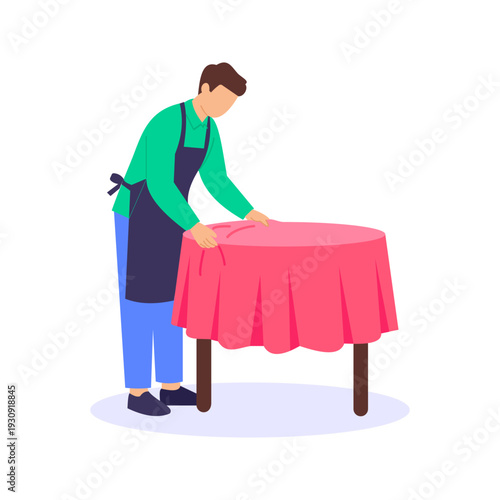 Adjusting Tablecloth, arranging tables neatly for guests, Flat vector character illustration