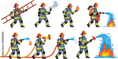 Firefighter Rescue Actions Vector Collection Professional Safety Personnel