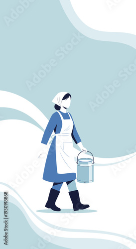 Woman Carrying a Milk Pail Walking Through Abstracted Blue Landscape Design Illustration