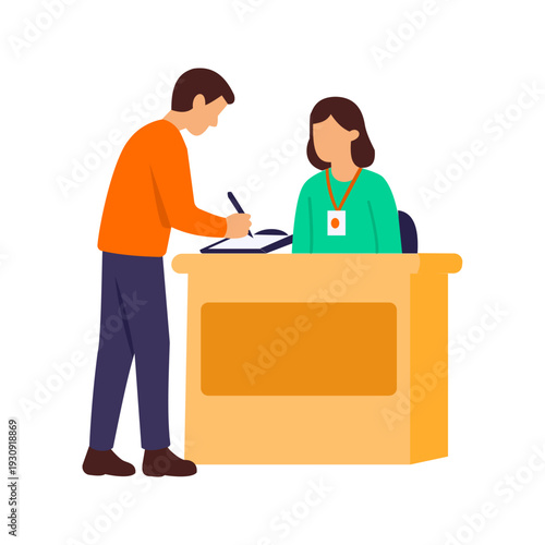 Guest Registration, recording attendee details at entry, Flat vector character illustration