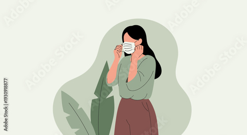 Woman Adjusting Face Mask Amidst Greenery