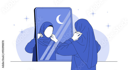 Woman Adjusting Hijab Reflecting in Mirror with Crescent Moon and Stars
