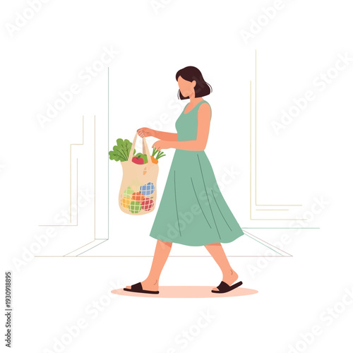 Woman Carrying Reusable Bag Filled With Fresh Produce Walking Home After Grocery Shopping