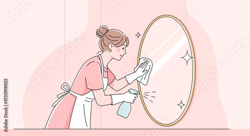 Woman Cleaning a Mirror, Depicting the Action of Cleaning and Maintaining Cleanliness