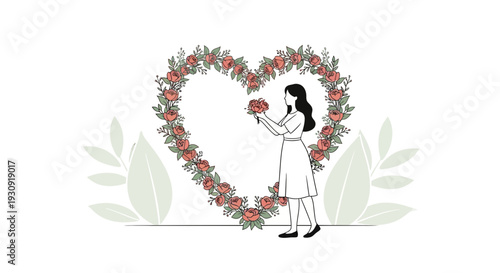 Woman Creating A Heart Shape With Delicate Rose Garlands And Holding Flowers