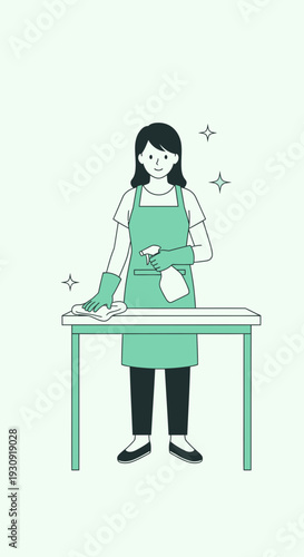 Woman Cleaning A Table With A Spray Bottle And Cloth A Sparking Icon Representing Cleanliness