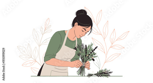 Woman Arranging Botanical Bundles With Delicate Foliage Accents