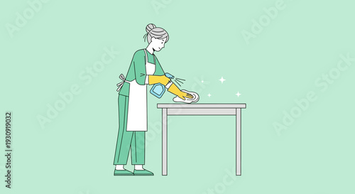 Woman Cleaning A Table With Spray Bottle And Cloth In Minimalist Style