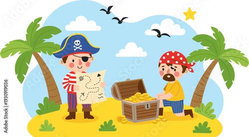 Cartoon illustration of cute pirate children finding a treasure chest on a tropical desert island with palm trees and map