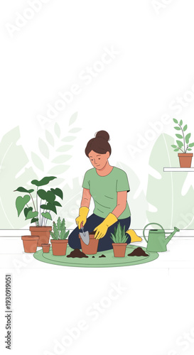Woman Cultivating Indoor Plants And Growing Greenery At Home
