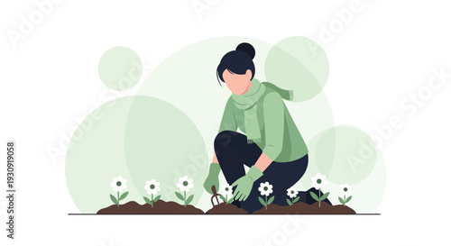 Woman Cultivating Blooms In Her Garden, Promoting Nature And The Enjoyment Of Gardening