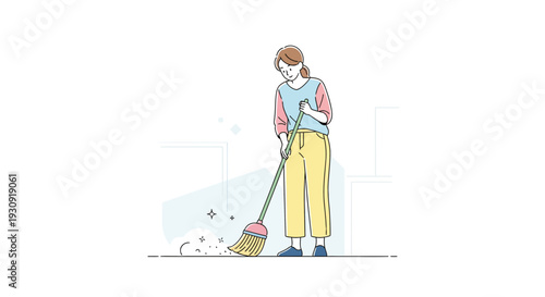 Woman Cleaning Floor With Broom Domestic Chores And Housekeeping Scene