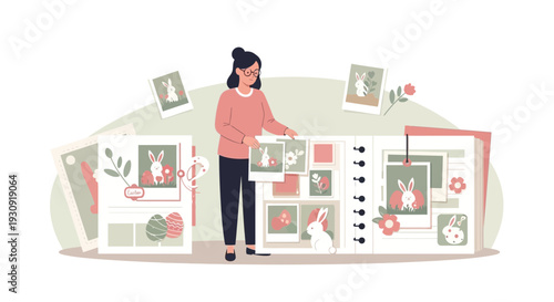 Woman Curates Easter Memory Book With Bunny Pictures And Springtime Designs