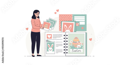 Woman Curating Easter Scrapbook, Creating Memories, and Festive Visuals