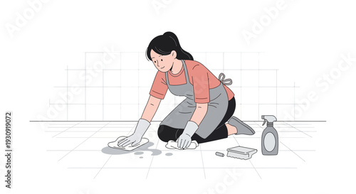 Woman Cleaning Floor With Cloth And Spray Bottle