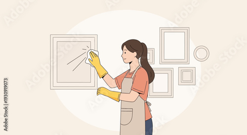 Woman Cleaning Framed Artwork In A Tidy Home