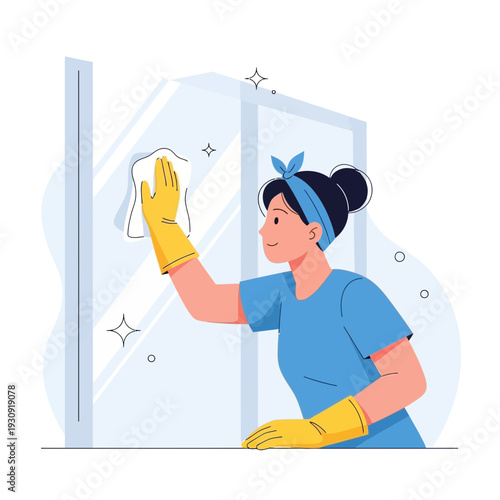 Woman Cleaning Glass With Yellow Gloves Sparkling Clean Surface