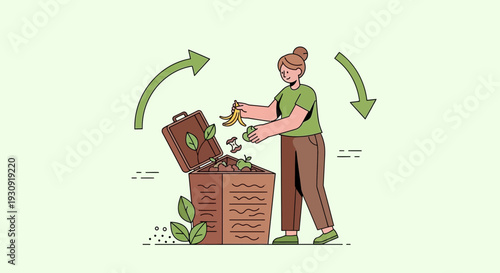 Woman Composting Food Waste And Recycling In A Modern And Sustainable Illustration