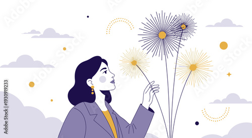 Woman Contemplating Floral Abstract Display Against Serene Cloudy Backdrop Illustration